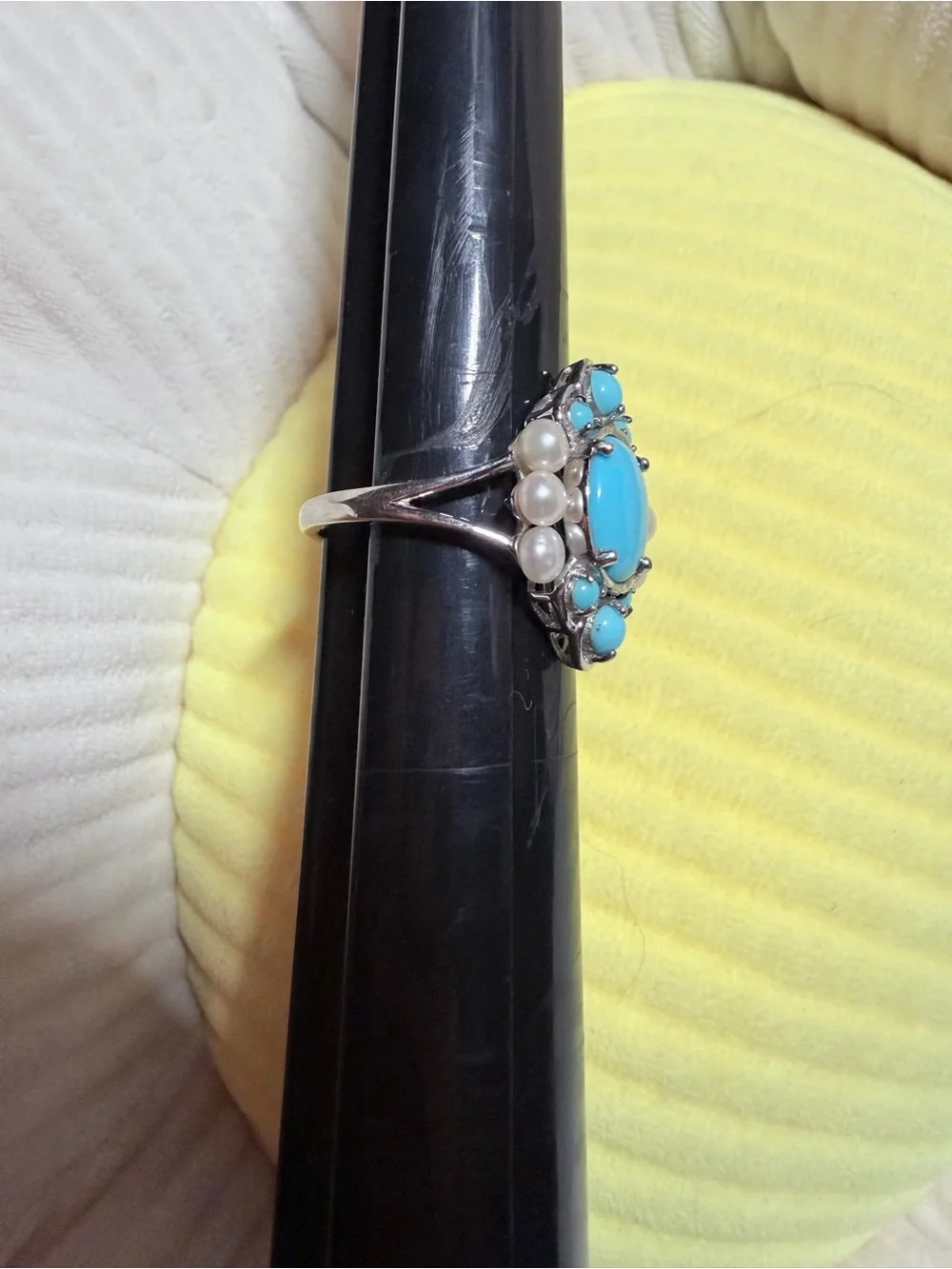 Turquoise and Pearl Sterling-Style Statement Ring - Bright Blue Accent